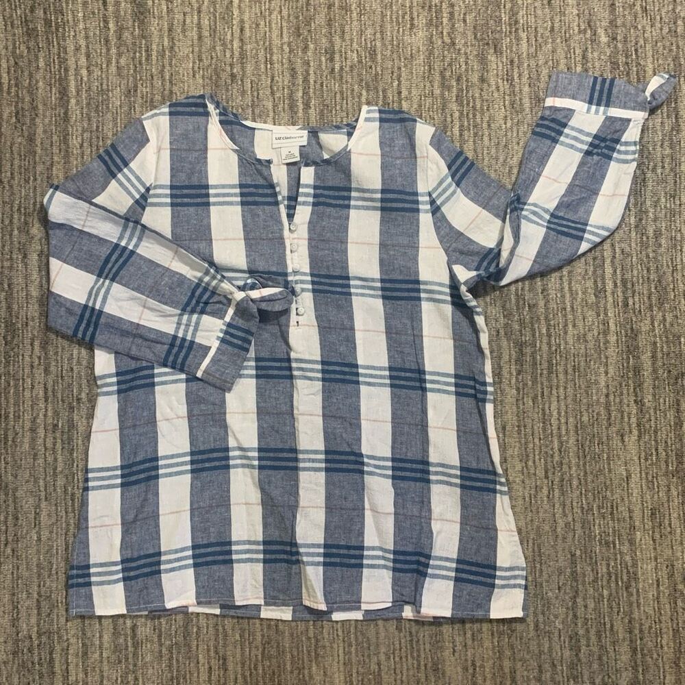 Liz Claiborne Women's Top Medium Linen Blend Blue White Checkerboard Shirt Tunic